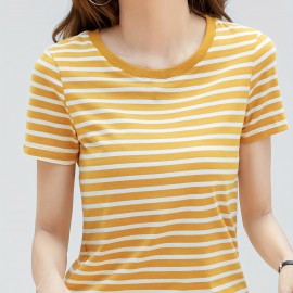 Striped Print Crew Neck T-Shirt, Casual Short Sleeve T-Shirt For Spring & Summer, Women's Clothing