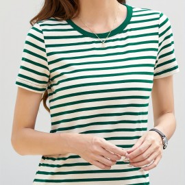 Striped Print Crew Neck T-Shirt, Casual Short Sleeve T-Shirt For Spring & Summer, Women's Clothing