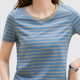 Striped Print Crew Neck T-Shirt, Casual Short Sleeve T-Shirt For Spring & Summer, Women's Clothing