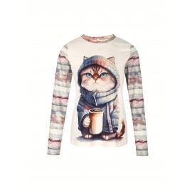 Cat Print Crew Neck T-shirt, Causal Long Sleeve Top For Spring & Fall, Women's Clothing