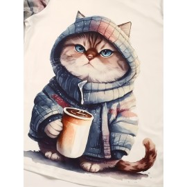 Cat Print Crew Neck T-shirt, Causal Long Sleeve Top For Spring & Fall, Women's Clothing