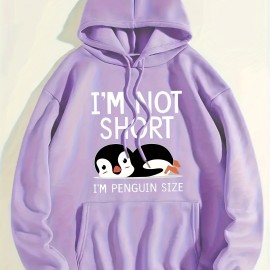 Cute Penguin Print Kangaroo Pocket Hoodie, Casual Long Sleeve Drawstring Hoodies Sweatshirt, Women's Clothing