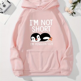 Cute Penguin Print Kangaroo Pocket Hoodie, Casual Long Sleeve Drawstring Hoodies Sweatshirt, Women's Clothing