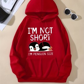 Cute Penguin Print Kangaroo Pocket Hoodie, Casual Long Sleeve Drawstring Hoodies Sweatshirt, Women's Clothing