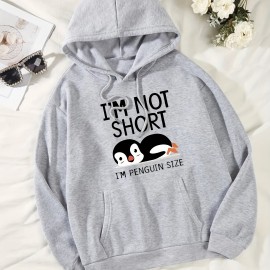 Cute Penguin Print Kangaroo Pocket Hoodie, Casual Long Sleeve Drawstring Hoodies Sweatshirt, Women's Clothing