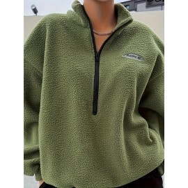 Solid Zip Front Plush Pullover Sweatshirt, Casual Long Sleeve Sweatshirt, Women's Clothing