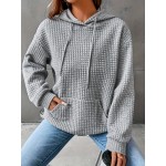 Waffle Grid Kangaroo Pocket Hoodie, Casual Long Sleeve Drawstring Hoodies Sweatshirt, Women's Clothing