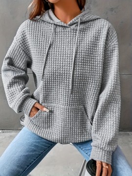 Waffle Grid Kangaroo Pocket Hoodie, Casual Long Sleeve Drawstring Hoodies Sweatshirt, Women's Clothing