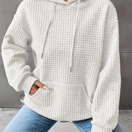 Waffle Grid Kangaroo Pocket Hoodie, Casual Long Sleeve Drawstring Hoodies Sweatshirt, Women's Clothing