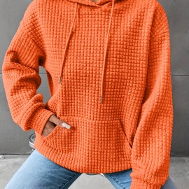 Waffle Grid Kangaroo Pocket Hoodie, Casual Long Sleeve Drawstring Hoodies Sweatshirt, Women's Clothing