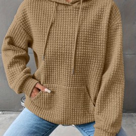 Waffle Grid Kangaroo Pocket Hoodie, Casual Long Sleeve Drawstring Hoodies Sweatshirt, Women's Clothing