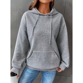 Waffle Grid Kangaroo Pocket Hoodie, Casual Long Sleeve Drawstring Hoodies Sweatshirt, Women's Clothing