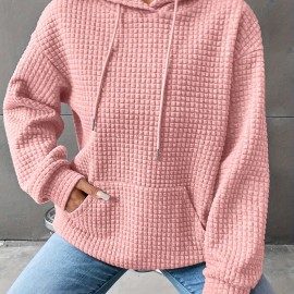 Waffle Grid Kangaroo Pocket Hoodie, Casual Long Sleeve Drawstring Hoodies Sweatshirt, Women's Clothing