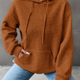 Waffle Grid Kangaroo Pocket Hoodie, Casual Long Sleeve Drawstring Hoodies Sweatshirt, Women's Clothing