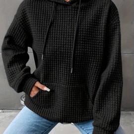 Waffle Grid Kangaroo Pocket Hoodie, Casual Long Sleeve Drawstring Hoodies Sweatshirt, Women's Clothing