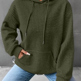 Waffle Grid Kangaroo Pocket Hoodie, Casual Long Sleeve Drawstring Hoodies Sweatshirt, Women's Clothing