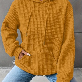 Waffle Grid Kangaroo Pocket Hoodie, Casual Long Sleeve Drawstring Hoodies Sweatshirt, Women's Clothing