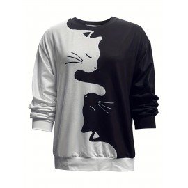 Cute Cat Print Crew Neck Sweatshirt, Casual Long Sleeve Loose Sweatshirt, Women's Clothing