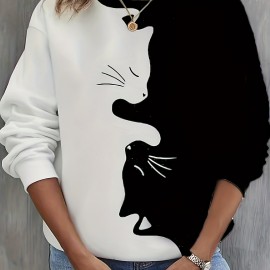 Cute Cat Print Crew Neck Sweatshirt, Casual Long Sleeve Loose Sweatshirt, Women's Clothing