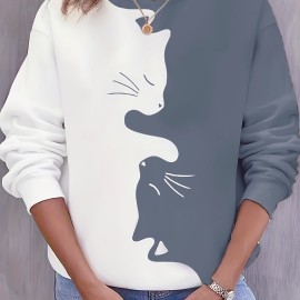 Cute Cat Print Crew Neck Sweatshirt, Casual Long Sleeve Loose Sweatshirt, Women's Clothing