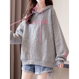 Letter Print Embroidered Drawstring Thermal Hoodie, Casual Printed Long Sleeve Hoodies Sweatshirts, Women's Clothing