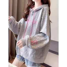 Letter Print Embroidered Drawstring Thermal Hoodie, Casual Printed Long Sleeve Hoodies Sweatshirts, Women's Clothing