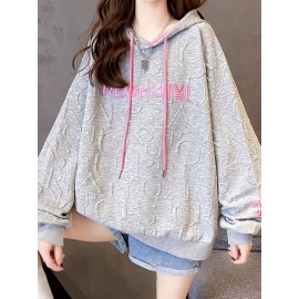 Letter Print Embroidered Drawstring Thermal Hoodie, Casual Printed Long Sleeve Hoodies Sweatshirts, Women's Clothing