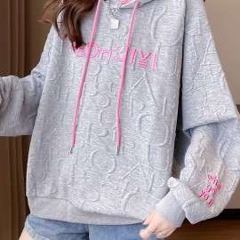 Letter Print Embroidered Drawstring Thermal Hoodie, Casual Printed Long Sleeve Hoodies Sweatshirts, Women's Clothing