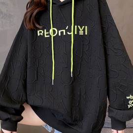 Letter Print Embroidered Drawstring Thermal Hoodie, Casual Printed Long Sleeve Hoodies Sweatshirts, Women's Clothing