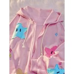 Star Pattern Zip Up Drawstring Hoodie, Cute Long Sleeve Drop Shoulder Hoodie, Women's Clothing