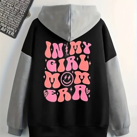 Color Block Letter Print Hoodies, Casual Drawstring Long Sleeve Sweatshirt, Women's Clothing