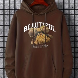 Bear Print Kangaroo Pocket Hoodie, Casual Long Sleeve Drawstring Hoodies Sweatshirt, Women's Clothing