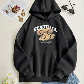 Bear Print Kangaroo Pocket Hoodie, Casual Long Sleeve Drawstring Hoodies Sweatshirt, Women's Clothing