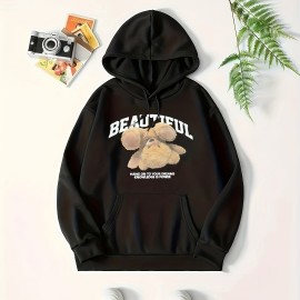 Bear Print Kangaroo Pocket Hoodie, Casual Long Sleeve Drawstring Hoodies Sweatshirt, Women's Clothing