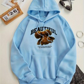 Bear Print Kangaroo Pocket Hoodie, Casual Long Sleeve Drawstring Hoodies Sweatshirt, Women's Clothing