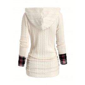 Plaid Splicing Button Decor Cable Hoodie, Casual Long Sleeve Hoodie, Women's Clothing