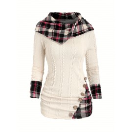 Plaid Splicing Button Decor Cable Hoodie, Casual Long Sleeve Hoodie, Women's Clothing