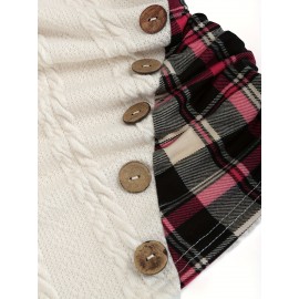 Plaid Splicing Button Decor Cable Hoodie, Casual Long Sleeve Hoodie, Women's Clothing