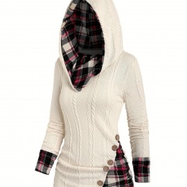 Plaid Splicing Button Decor Cable Hoodie, Casual Long Sleeve Hoodie, Women's Clothing