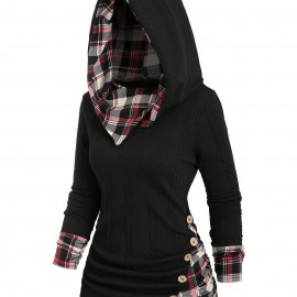 Plaid Splicing Button Decor Cable Hoodie, Casual Long Sleeve Hoodie, Women's Clothing