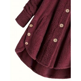 Button Front Teddy Bear Hoodie, Casual Long Sleeve Slant Pockets Plush Coat, Women's Clothing