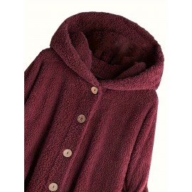 Button Front Teddy Bear Hoodie, Casual Long Sleeve Slant Pockets Plush Coat, Women's Clothing