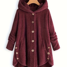 Button Front Teddy Bear Hoodie, Casual Long Sleeve Slant Pockets Plush Coat, Women's Clothing