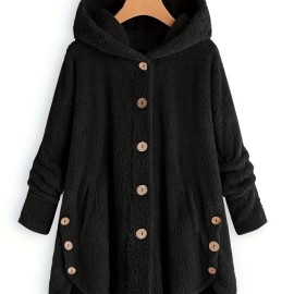 Button Front Teddy Bear Hoodie, Casual Long Sleeve Slant Pockets Plush Coat, Women's Clothing