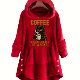 Cat & Letter Print Teddy Hoodie, Casual Long Sleeve Kangaroo Pocket Hoodie Sweatshirt, Women's Clothing