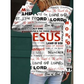 Jesus Letter Print Hoodies, Casual Kangaroo Pocket Long Sleeve Sweatshirt, Women's Clothing