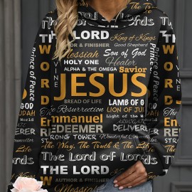 Jesus Letter Print Hoodies, Casual Kangaroo Pocket Long Sleeve Sweatshirt, Women's Clothing