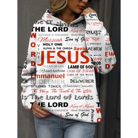 Jesus Letter Print Hoodies, Casual Kangaroo Pocket Long Sleeve Sweatshirt, Women's Clothing