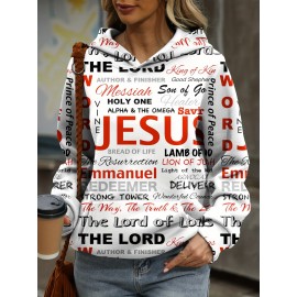 Jesus Letter Print Hoodies, Casual Kangaroo Pocket Long Sleeve Sweatshirt, Women's Clothing