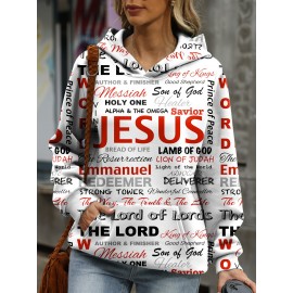 Jesus Letter Print Hoodies, Casual Kangaroo Pocket Long Sleeve Sweatshirt, Women's Clothing